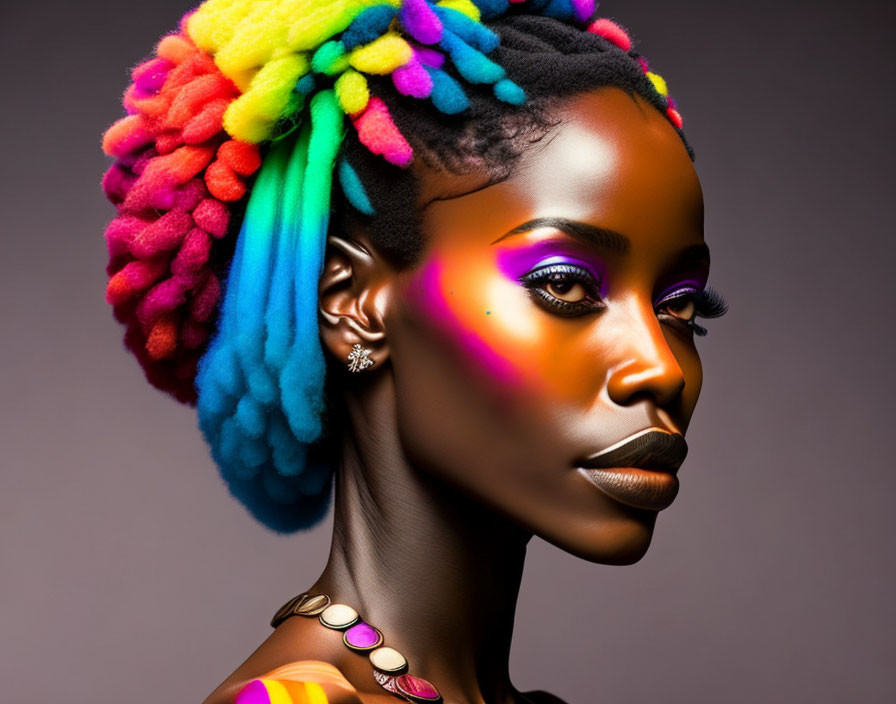 Colorful Woman Poses with Rainbow Hair and Makeup on Gray Background