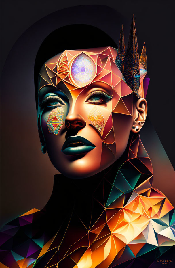 Geometric patterned digital portrait of stylized woman with vibrant colors.