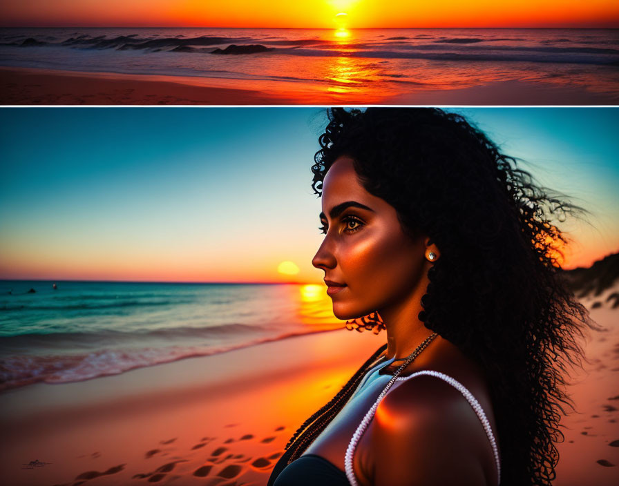 Vibrant orange sunset at the beach with woman's silhouette admiring the sea