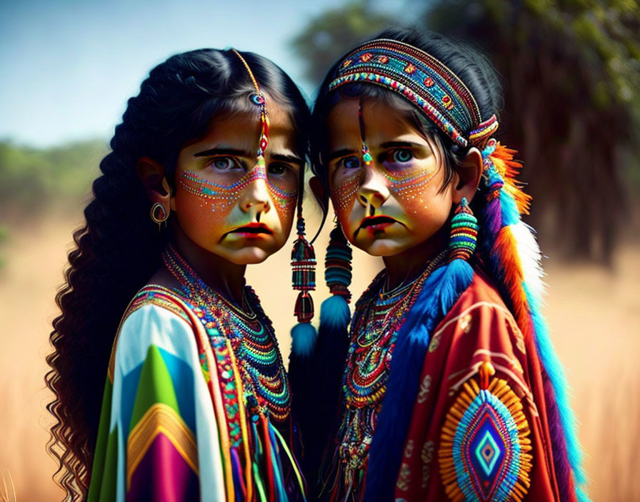 Children in decorative face paint and tribal attire standing together.