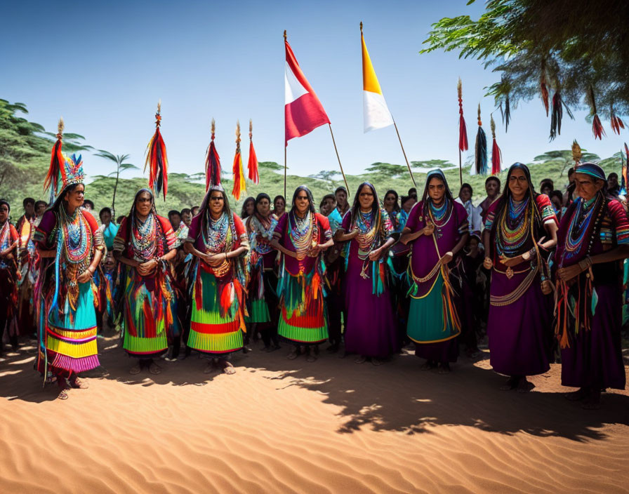 Group of individuals in traditional attire with flags in outdoor setting