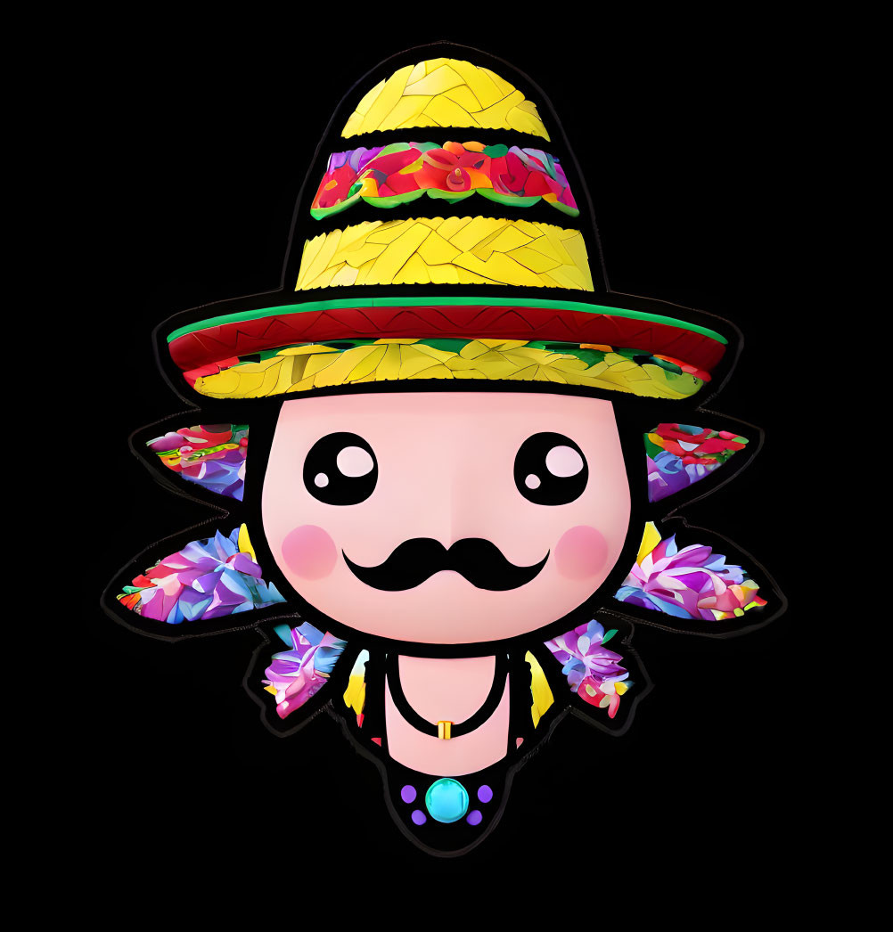 Vibrant animated character with sombrero, mustache, wings, and necklace