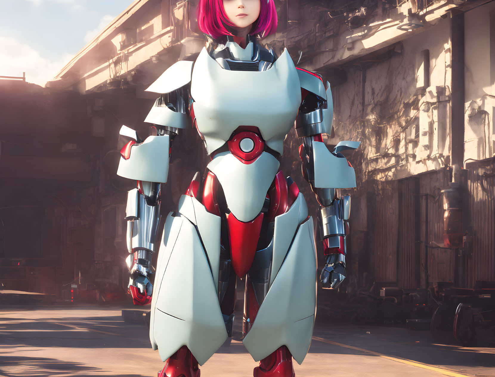 Pink-haired female in futuristic white and red armor in urban setting