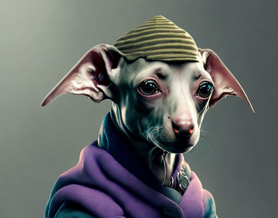 Dog with human-like facial features in green hat and purple scarf.