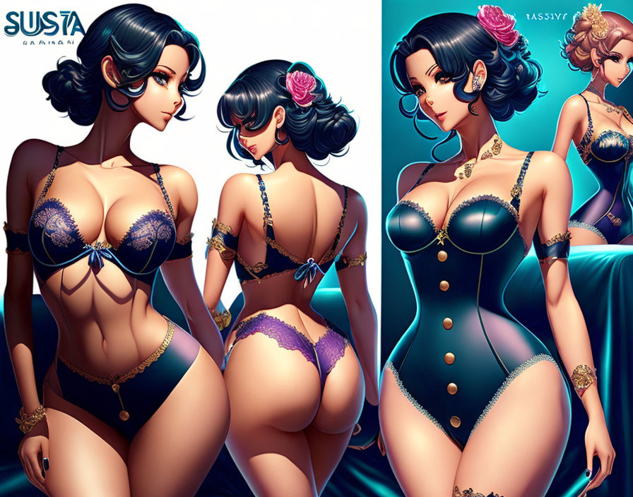 Stylized female character in revealing bikini and corset poses with dark hair