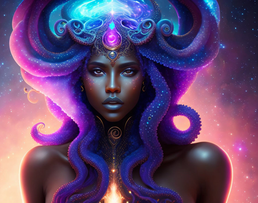 Cosmic-themed artwork: Woman with purple octopus-like hair and galaxy backdrop