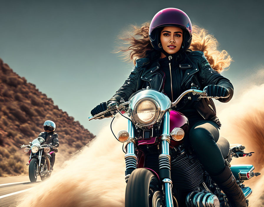 Two motorcyclists on dusty road: lead rider in black leather jacket and purple helmet