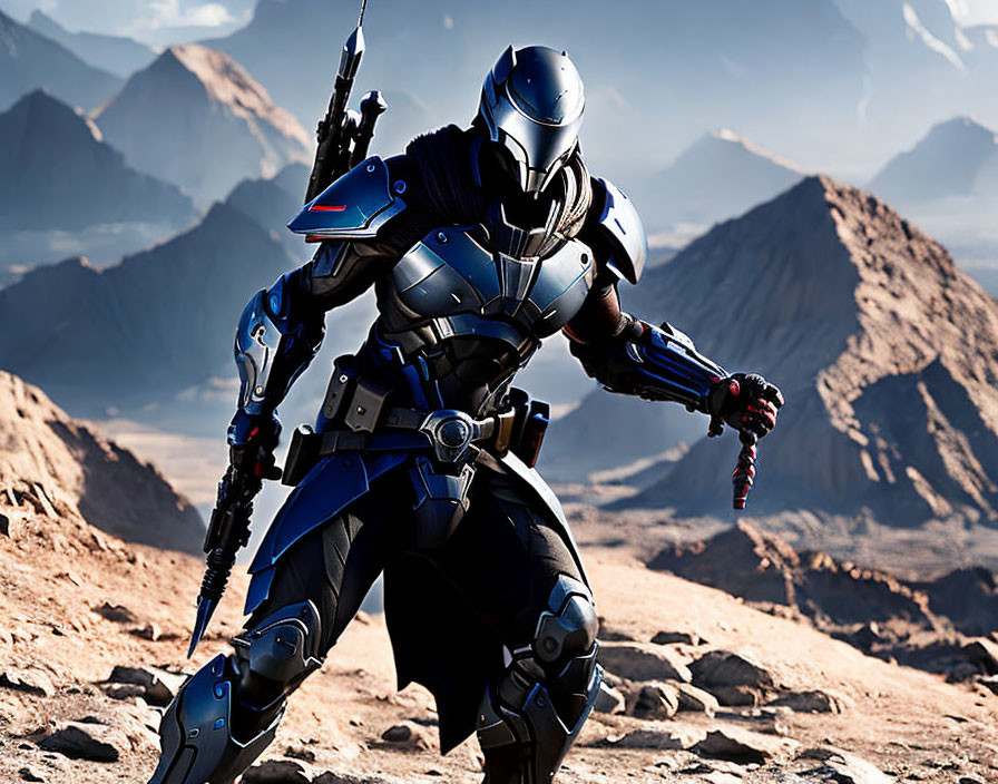 Futuristic armored figure in rocky desert with mountains under clear sky