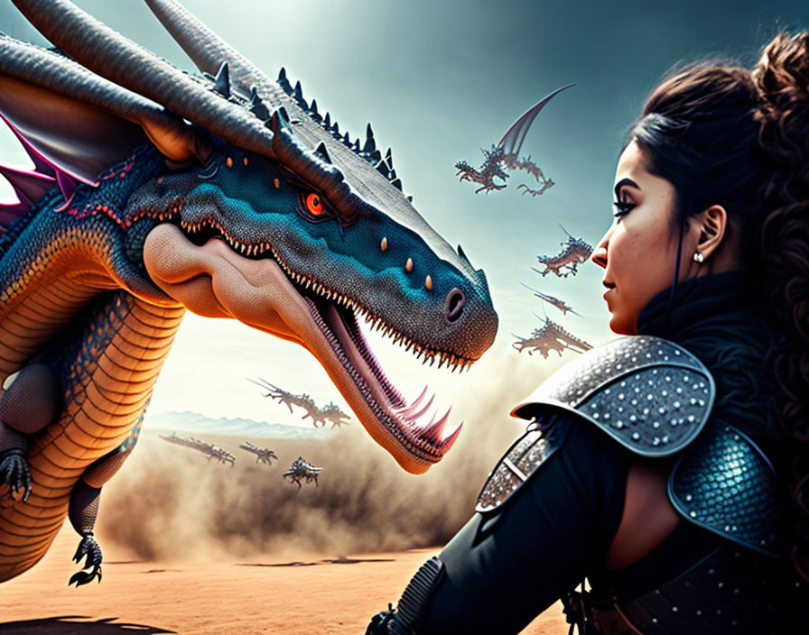 Female warrior in armor faces blue dragon in fantasy scene with flying dragons and helicopters.