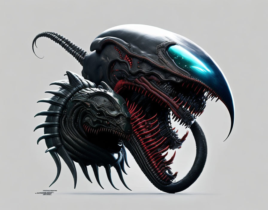 Detailed illustration of two xenomorphs with black exoskeletons & sharp teeth