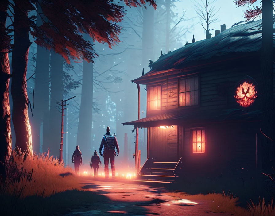 Mysterious Figure, Two Wolves, Rustic Cabin in Foggy Woods