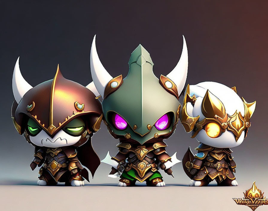 Three stylized chibi-like warrior figures in elaborate armor with horns, one featuring glowing purple eyes