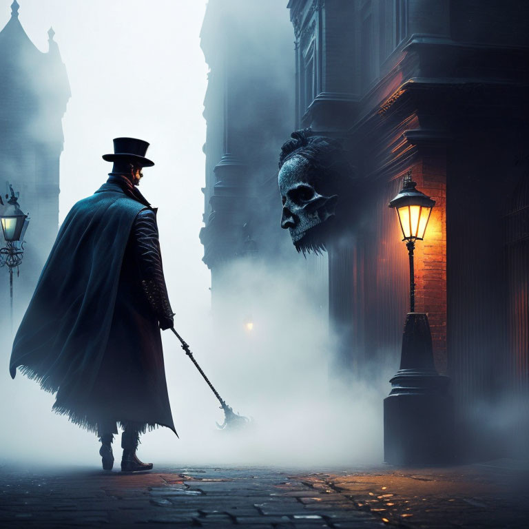 Mysterious figure in cloak and top hat confronts ghostly skull in Victorian street