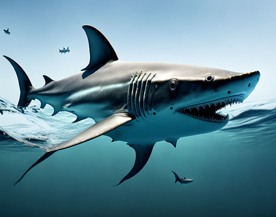 Menacing great white shark with sharp teeth in underwater scene