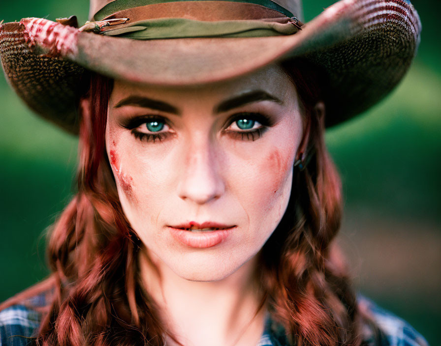 Red-haired woman with freckles and green eyes in hat