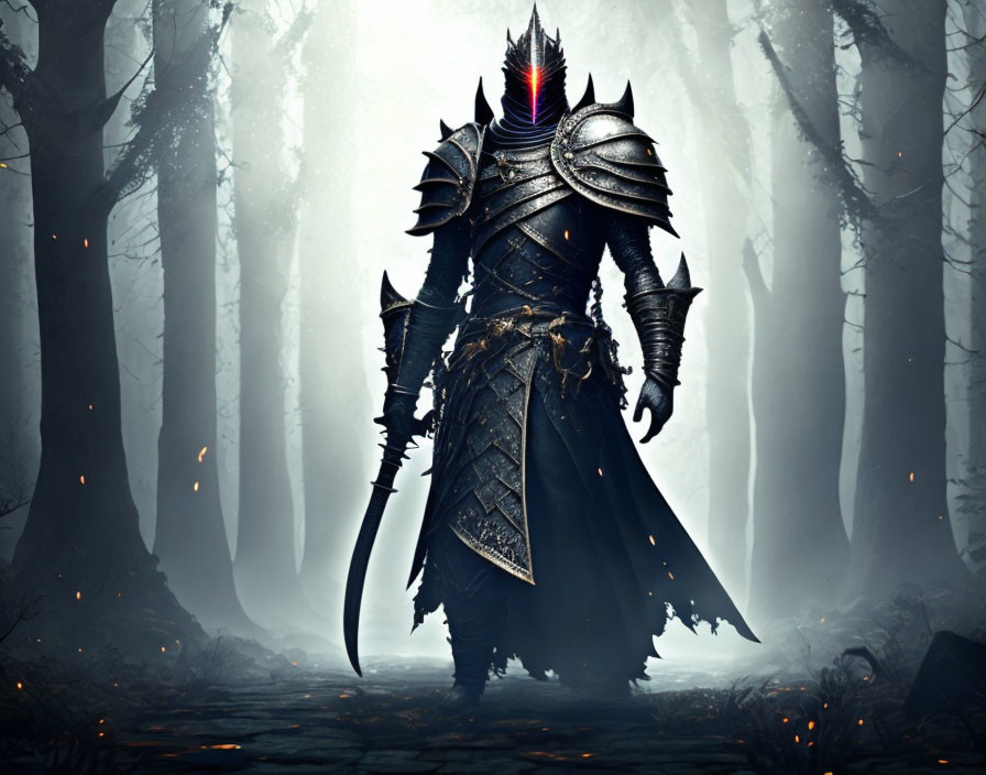 Armored figure with glowing red eyes in misty forest holding sword