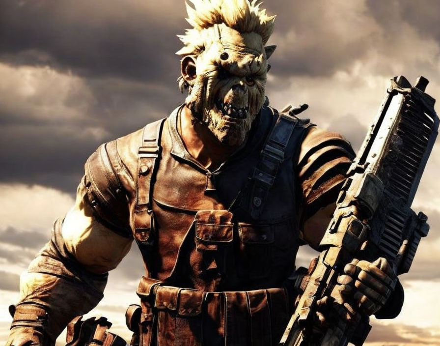 Muscular Boar Character with Mohawk and Gun in Dramatic Sky Setting