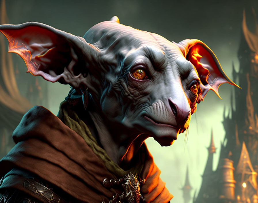 Fantasy creature with pointed ears, wrinkled skin, yellow eyes, cloak, in dark, sp