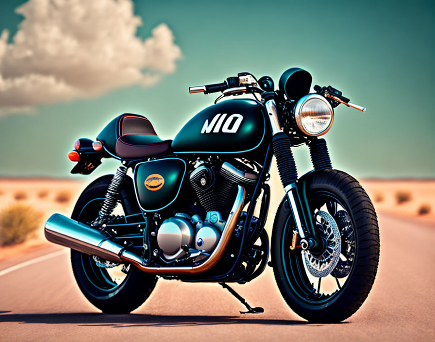 Vintage black and teal motorcycle on desert road under clear sky