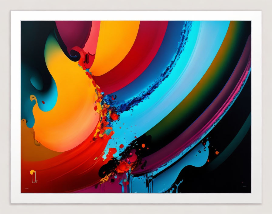 Colorful abstract painting with fluid rainbow swirls on white background