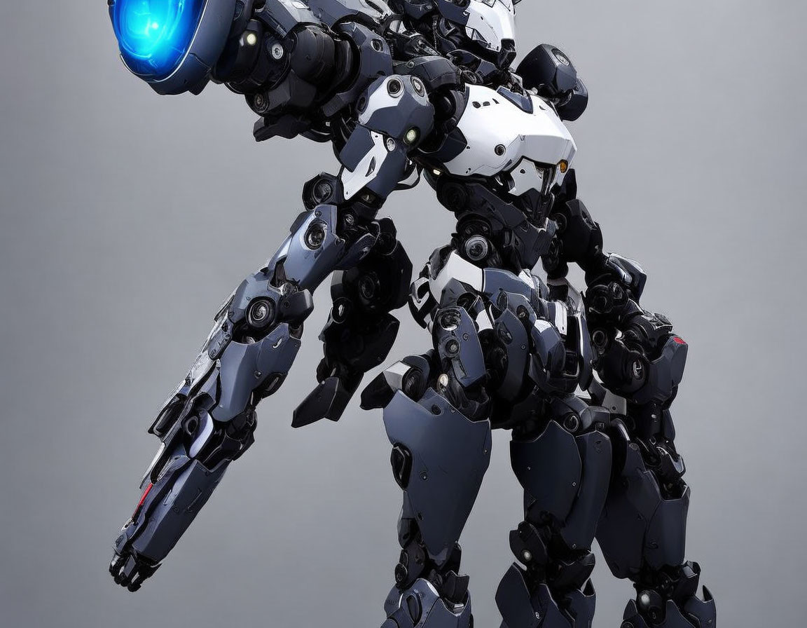 Detailed futuristic robot with articulated joints and glowing blue eye.