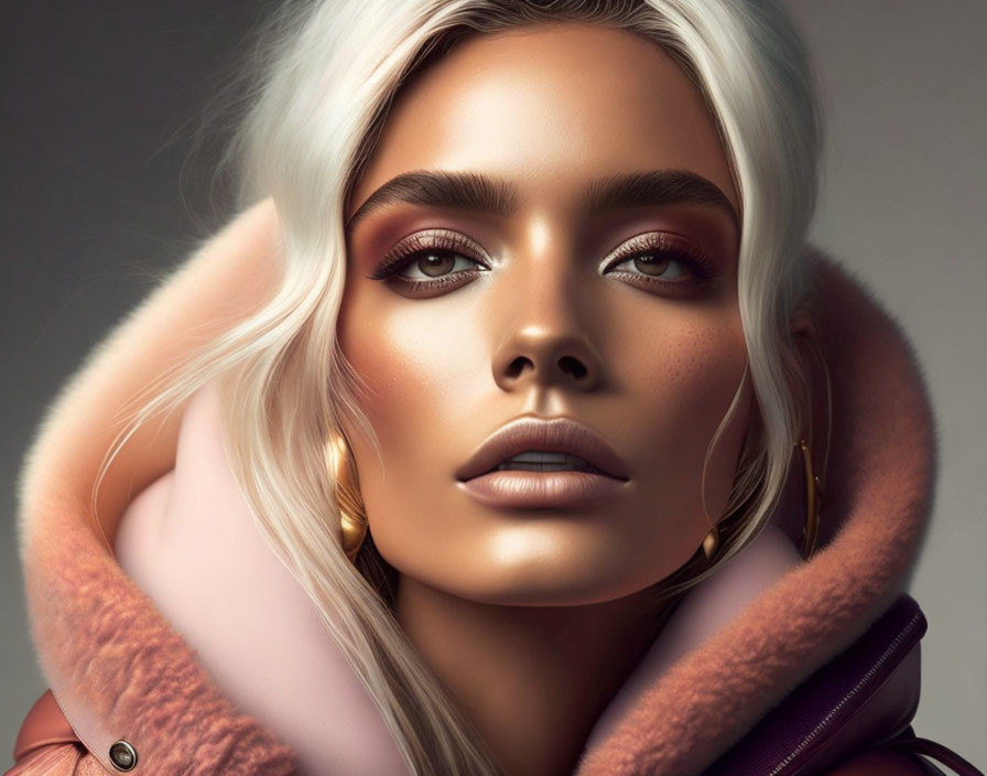 Digital portrait of woman with flawless makeup and fur collar