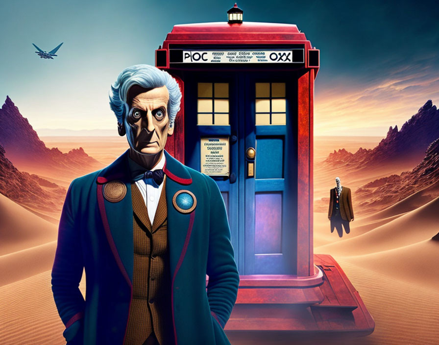 Character by blue police box in surreal desert landscape