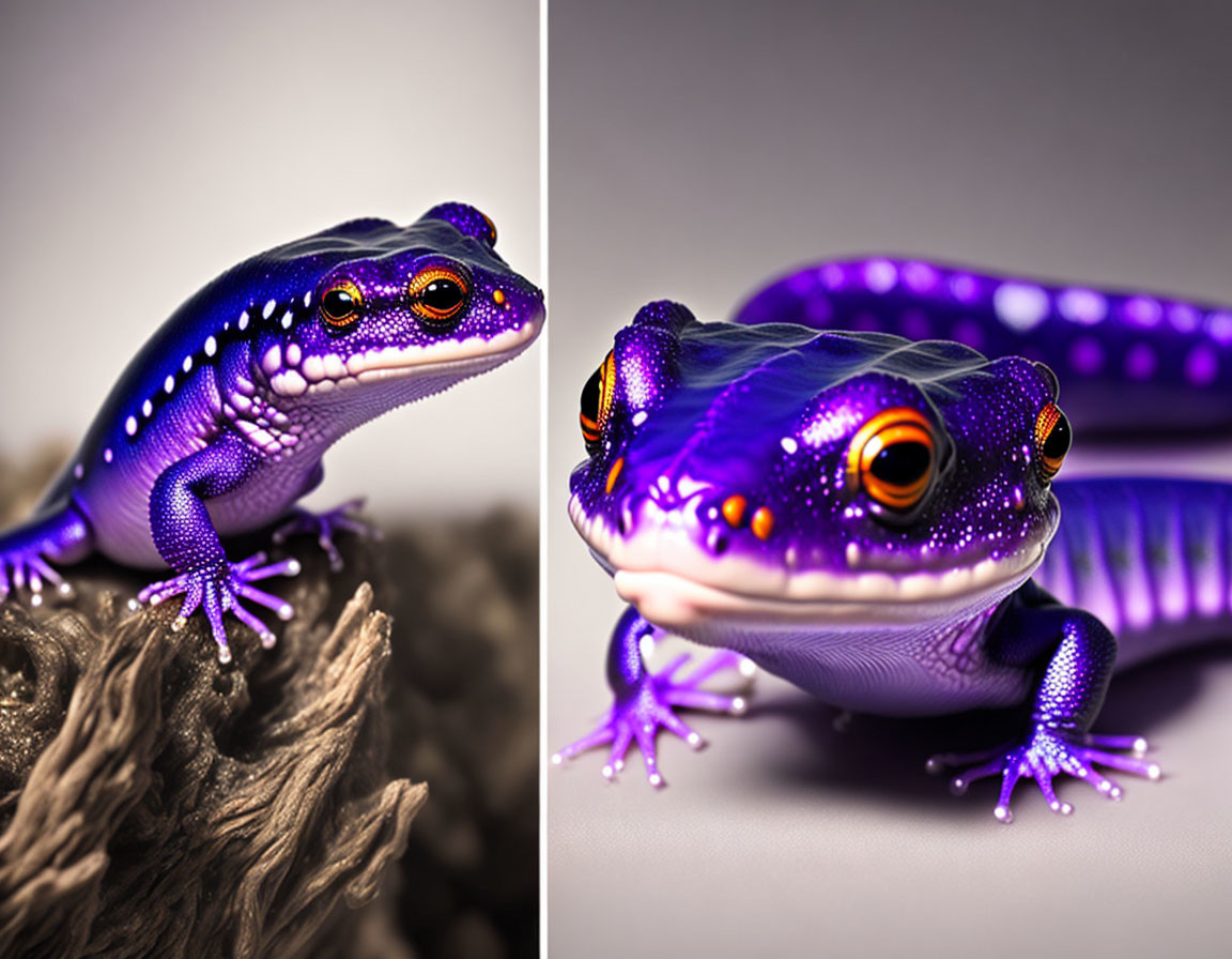 Colorful Purple Gecko with Orange Eyes on Wooden Surface