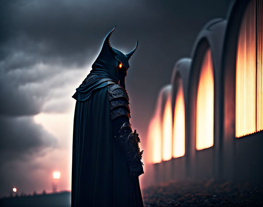 Mysterious figure in horned helmet and cloak in dystopian landscape at dusk