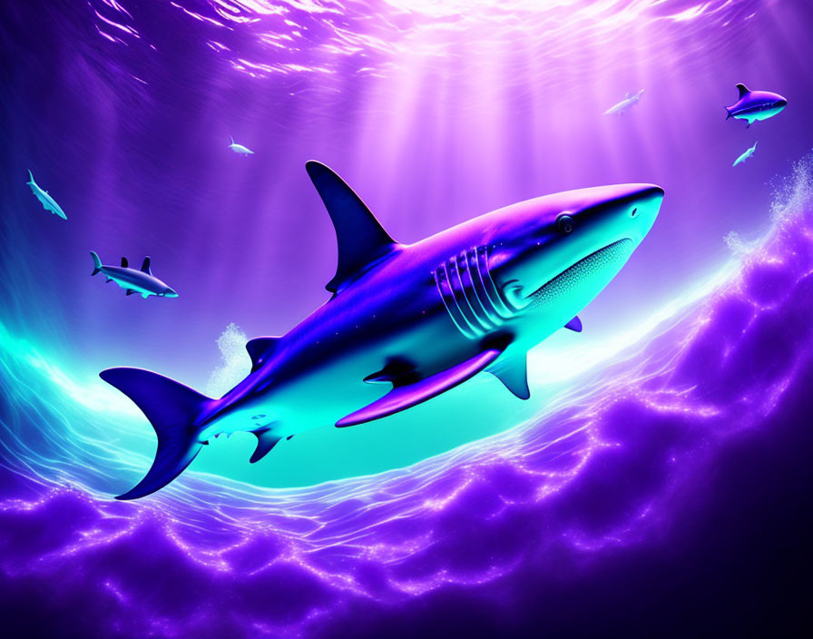 Vibrant underwater scene with dominant shark and smaller fish in purple light