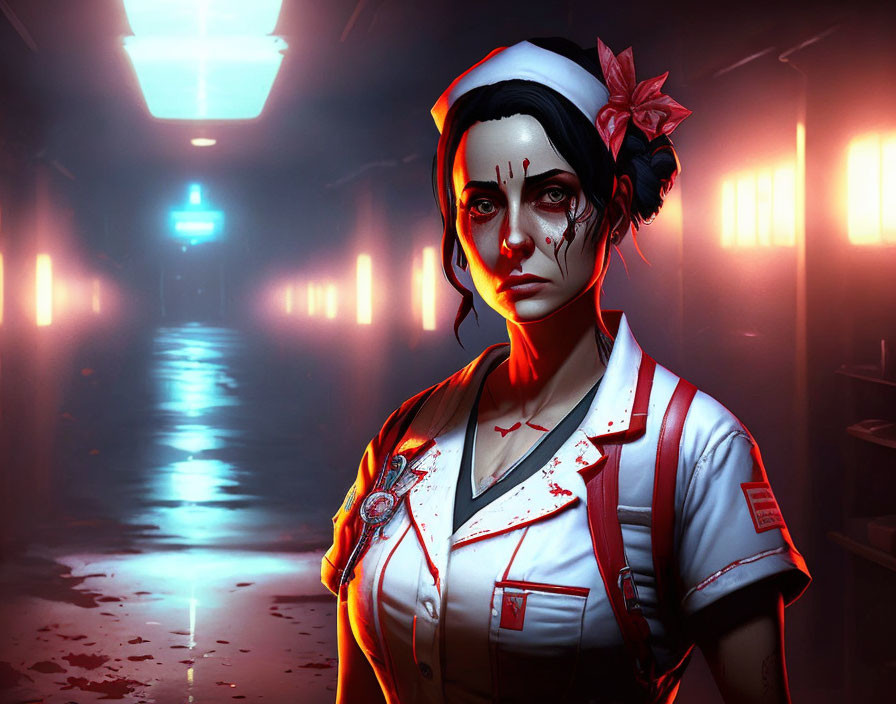 Dark nurse illustration in eerie corridor