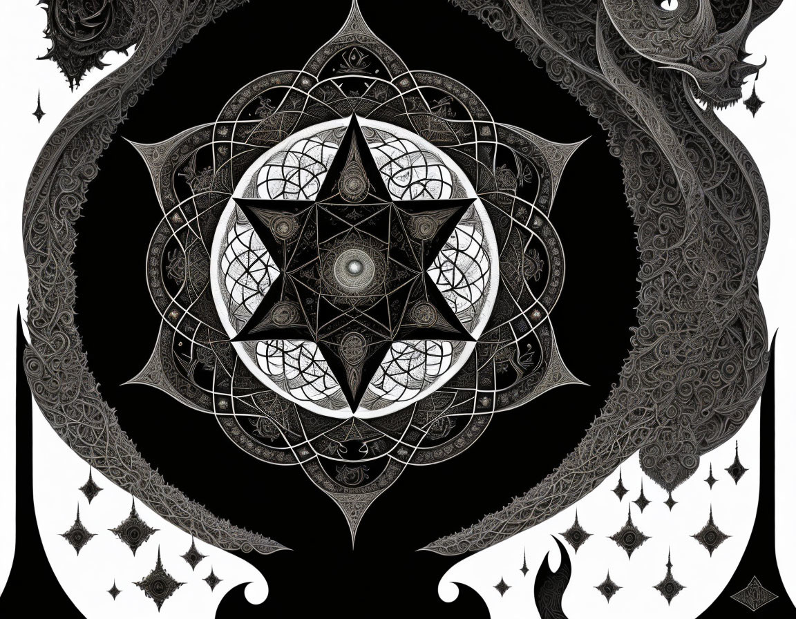 Monochrome mandala design with central eye motif and star shapes