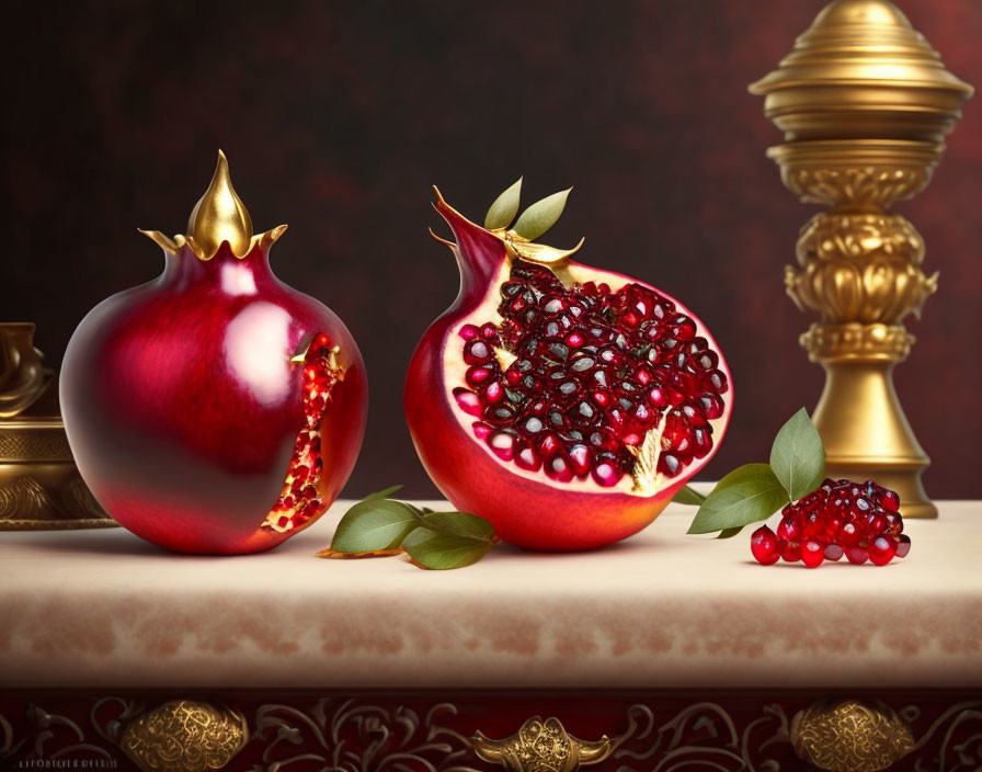 Still Life Image of Whole and Half Pomegranates with Seeds on Table