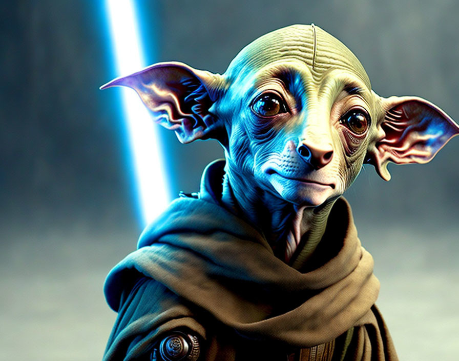 Character resembling Yoda with blue lightsaber in digital artwork