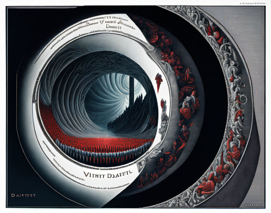 Artistic representation of Dante's Inferno with concentric layers depicting circles of Hell and macabre