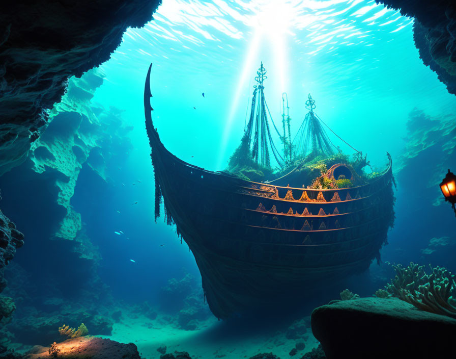 Sunken ship, vibrant coral, and cave light in underwater scene