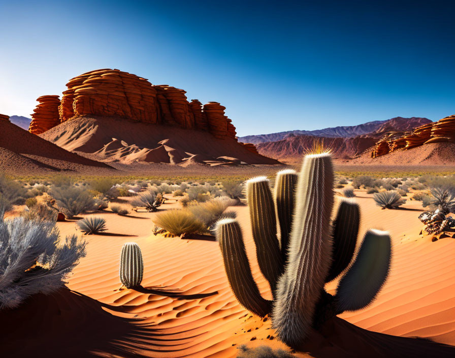 Red Rock Formations and Cacti in Desert Landscape