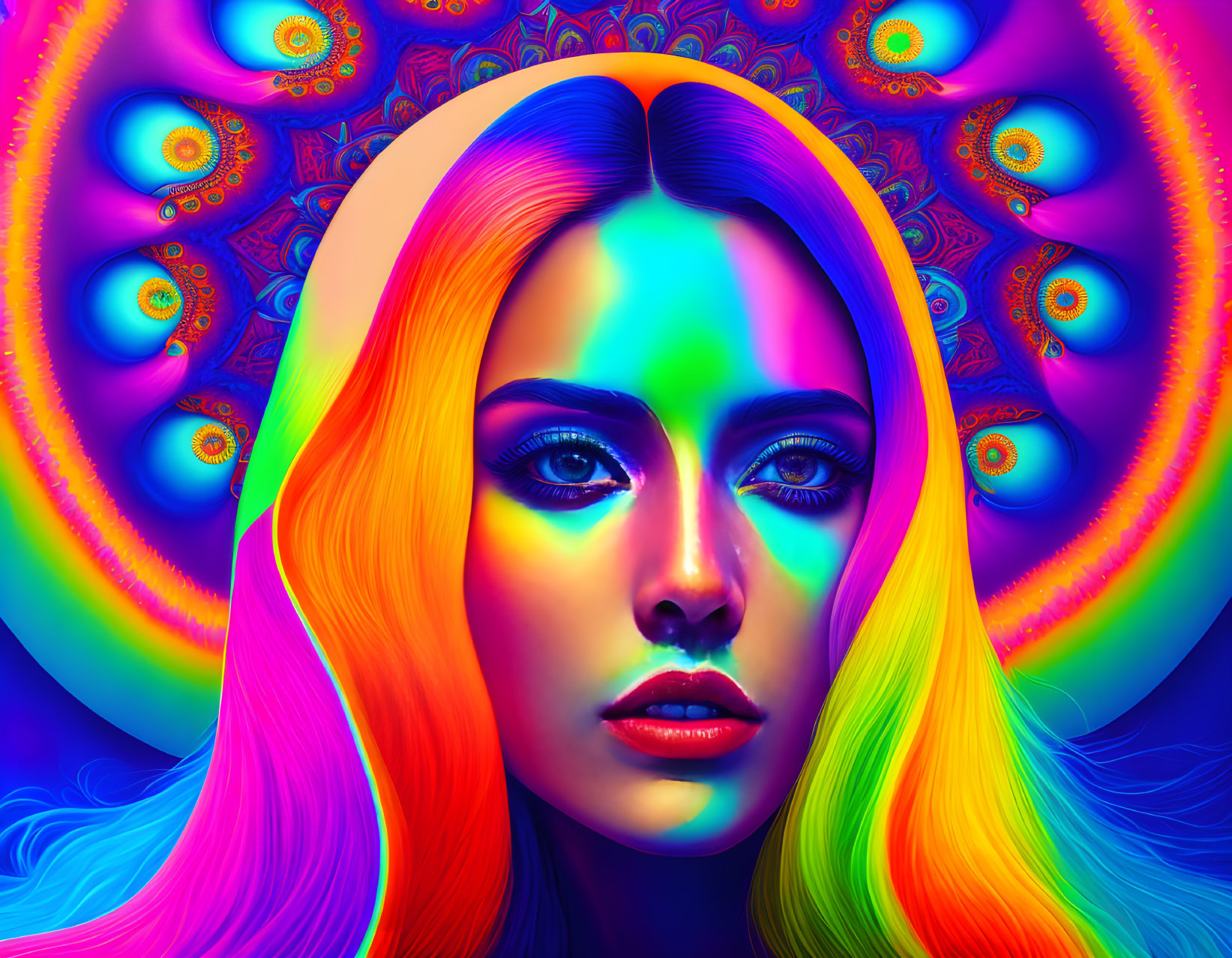 Colorful digital portrait of a woman with flowing neon hair on a psychedelic background