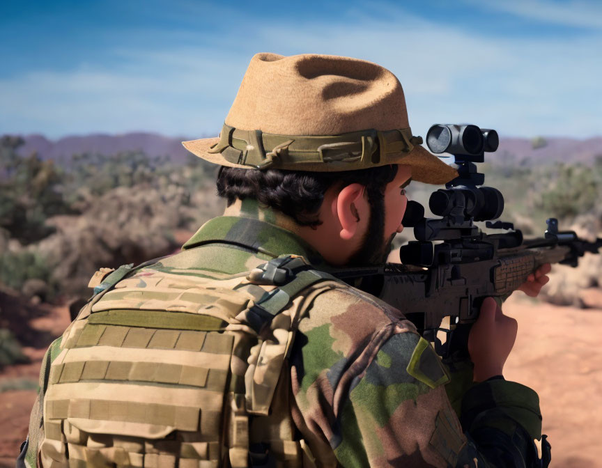 Person in Camouflage Uniform Aiming Rifle in Desert Environment