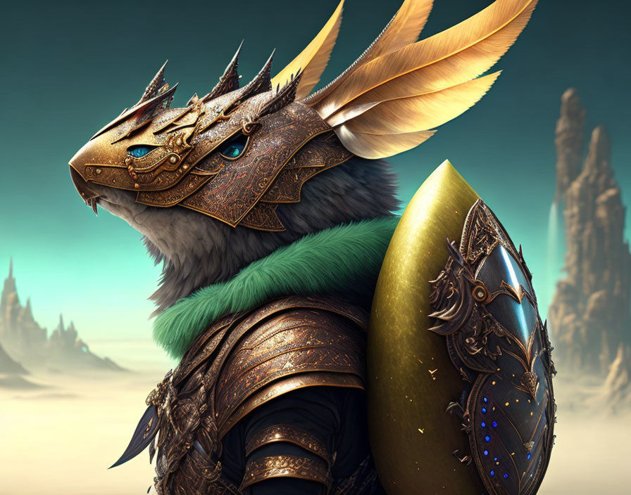 Fantasy Artwork: Armored Griffin with Metallic Headgear and Shield