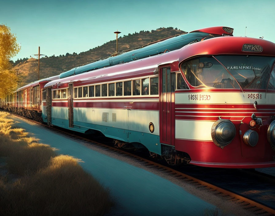 Vintage Red and Silver Streamliner Train on Tracks in Golden Hour Sunlight