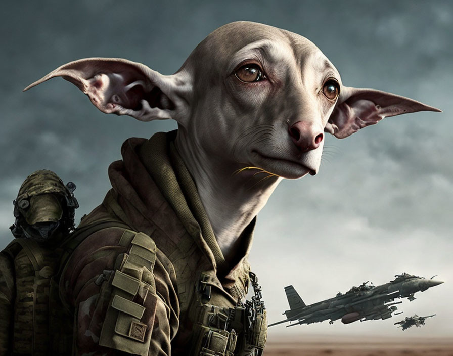 Soldier in gear with dog's head against dramatic sky and fighter jet