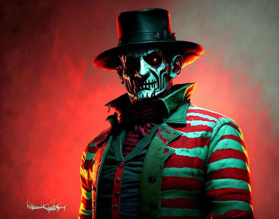 Skeleton makeup person in red and green outfit with top hat on dark red-lit backdrop