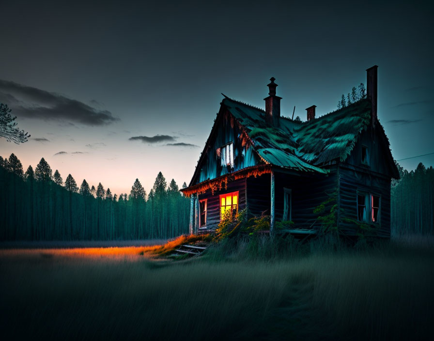 Twilight forest clearing: Glowing windows on wooden cabin