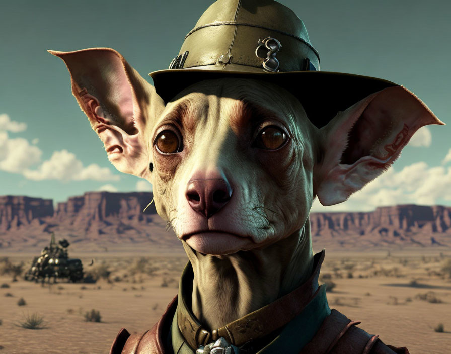 Anthropomorphic dog in steampunk hat against desert backdrop