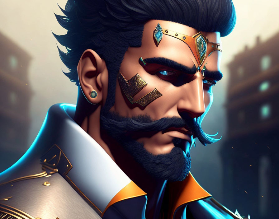 Stylized digital portrait of bearded man in regal attire with cityscape background