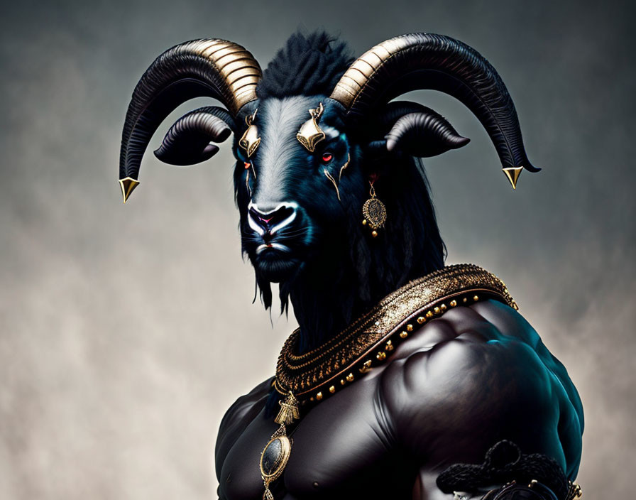 Muscular human body with ram head and gold jewelry.