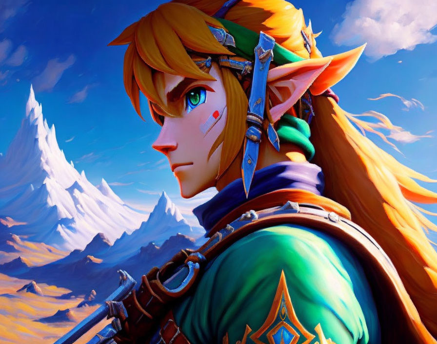 Blonde animated character with pointed ears in green clothing against mountain backdrop