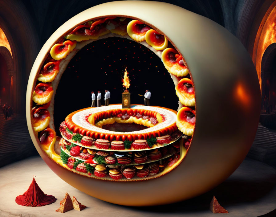 Giant spherical pizza structure with figures around flame altar