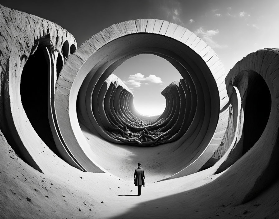 Surreal landscape with towering dunes and circular patterns